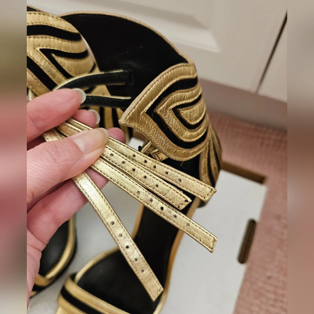 StellaLuna Gold Wings Leather Double Buckle Strap Heel Sandals - Picture 4 of 16